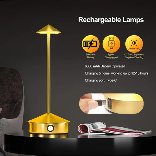 Miniatura 2 de Juego de 2 lámparas de mesa inalámbricas, lámpara de escritorio LED portátil, funciona con batería de 6000 mAh, lámpara recargable de 3 niveles