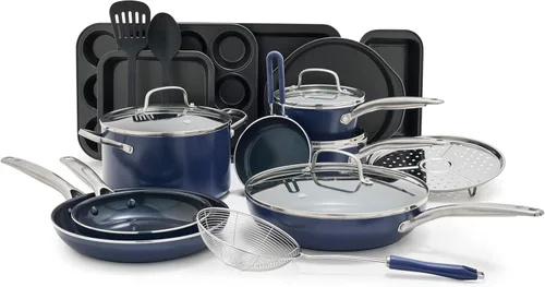 Blue Diamond Juego de utensilios de cocina antiadherentes de 20 piezas, ollas y sartenes de cerámica de diamante, apto para lavavajillas y