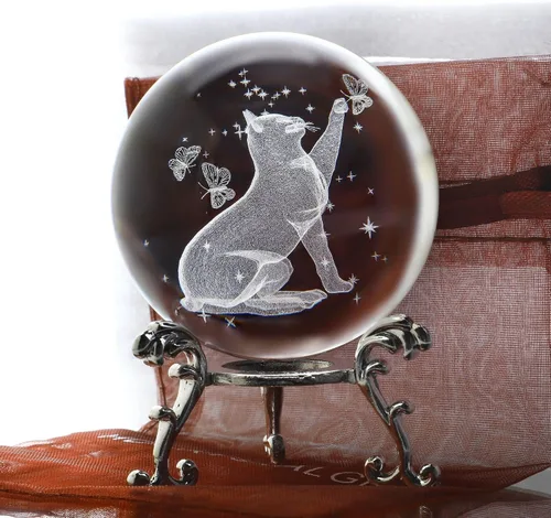 Miniatura 3 de HDCRYSTALGIFTS Bola de cristal de gato de 2.362 in con soporte 3D grabada con láser, figuras de animales, globo de vidrio, bola decorativa, esfera