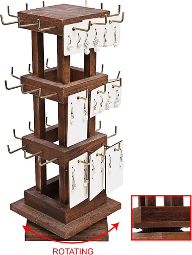Miniatura 3 de Ikee Design Torre de joyería giratoria de madera natural con 36 ganchos soporte giratorio para almacenamiento de tarjetas para tienda escaparate