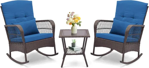 Miniatura 12 de ORALNER Juego de 3 mecedoras de mimbre para muebles de patio, sillas mecedoras para exteriores con cojines, almohadas, mesa de centro de cristal