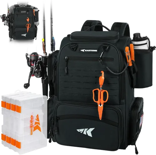 Miniatura 10 de KastKing Bait Boss Mochila de aparejos de pesca con soportes para caña, 4 cajas de aparejos, cubierta para lluvia, almacenamiento grande de 43 L B