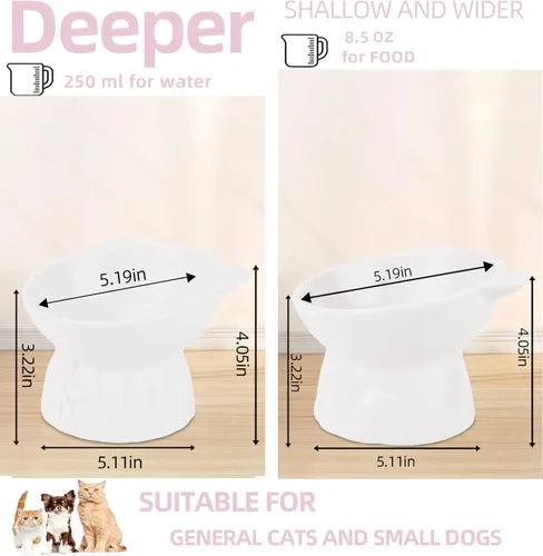Miniatura 2 de Paquete de 2 cuencos elevados para gatos, platos elevados de cerámica para alimentos y agua para gatos, diseño extra ancho y poco profundo, Blanco