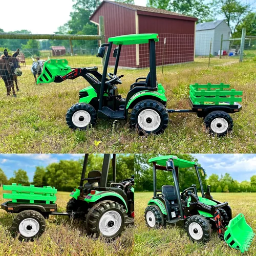 Miniatura 2 de Kidsera Tractor de paseo para niños de 24 V con remolque y cargador frontal, tractor 3 en 1 con caja de cambios de 24 voltios, marco de metal