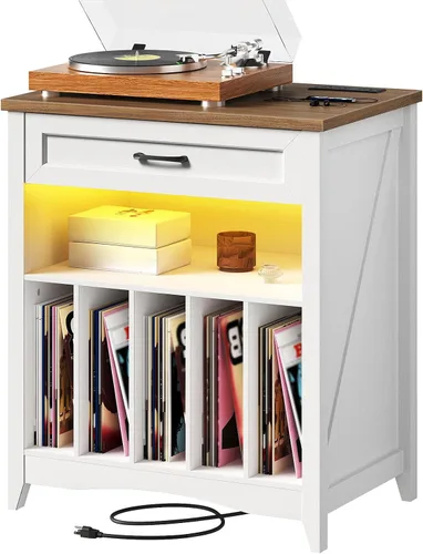 Miniatura 8 de RALGEND Soporte grande para tocadiscos con estación de carga, armario de almacenamiento de discos de vinilo con cajón y LED, mesa giratoria