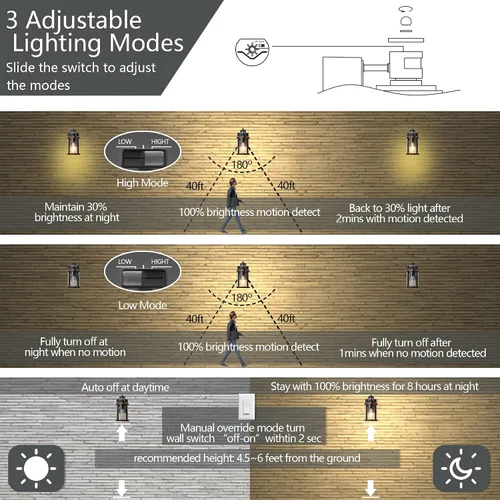 Miniatura 3 de Luces de pared para exteriores con salida GFCI, luces de porche con sensor de movimiento para casa, 3 modos, accesorio de luz exterior del atardecer