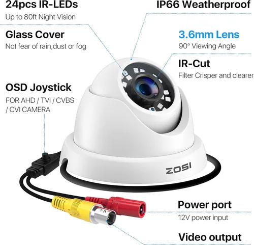 Miniatura 2 de ZOSI 1080P FULL HD 4-en-1 TVI/CVI/AHD/CVBS Cámara de seguridad 1920TVL Interior al aire libre día noche vigilancia CCTV Cámara domo para HD-TVI