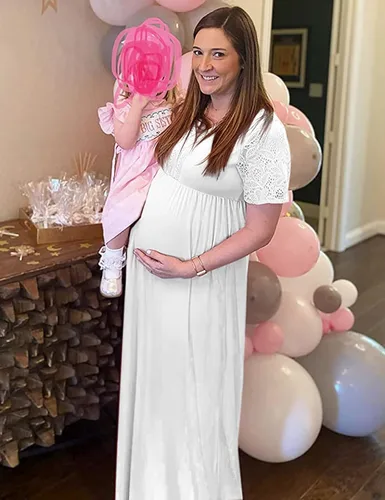 Miniatura 2 de Vestido de maternidad con cuello de encaje en Y, manga corta, vestido largo de maternidad para baby shower, sesión de fotos de maternidad, Rosado