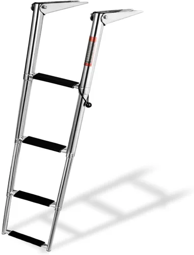 Miniatura 11 de YOUNG MARINE Escalera telescópica y plegable de acero inoxidable de 4 escalones con estribo de plástico blanco, montaje sobre plataforma