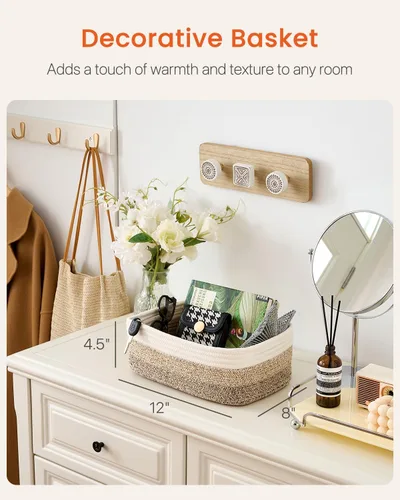 Miniatura 2 de Cesta tejida pequeña, 12 x 8 x 4.5 pulgadas, cesta de almacenamiento para organizar, bonita canasta de cuerda pequeña para estante de armario, cubos