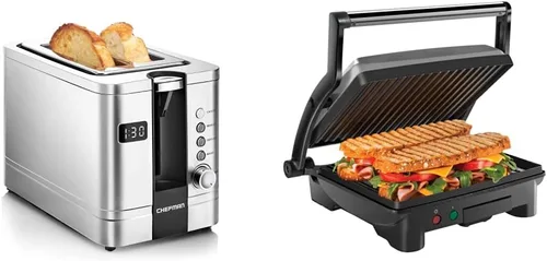 Chefman Tostadora digital de 2 rebanadas, emergente, parrilla de prensa Panini y platos recubiertos para sándwiches gourmet, superficie de acero