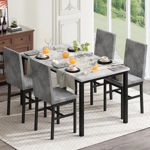 Miniatura 9 de Hooseng Juego de mesa de comedor para 4 mesas de comedor de 5 piezas de mármol sintético con 4 modernas sillas tapizadas de terciopelo para espacios