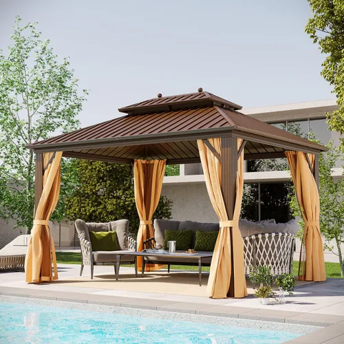 Miniatura 36 de Cenador de techo rígido de 12'x16', Cenador de patio de aluminio para exteriores con toldo de acero galvanizado de doble techo con malla y cortinas