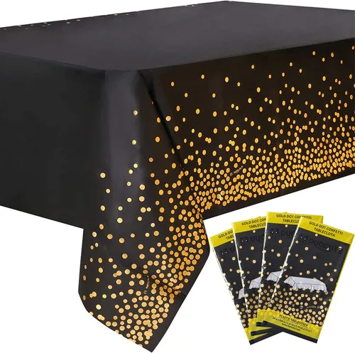 4 paquetes de 2,7 x 1,4 m de manteles desechables de plástico para fiestas en color negro y dorado para mesas rectangulares, cubiertas de mesa