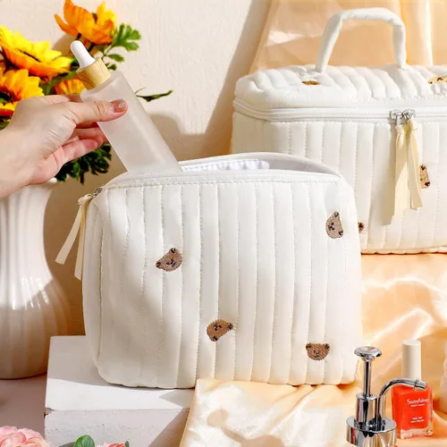 Miniatura 5 de Paterr Juego de 3 bolsas de maquillaje acolchadas grandes de algodón para mujer, bolsa organizadora de artículos de tocador de viaje para Azul