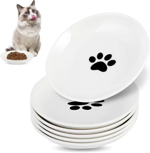 Paquete de 6 cuencos de comida para gatos, cuencos de cerámica para gatos, juego de cuencos antifatiga para gatos, platos de 5.5 pulgadas poco blanco