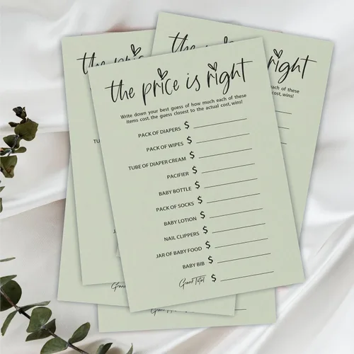 Miniatura 3 de Juego de Baby Shower "The Price Is Right" - Minimalismo Verde Musgo - 30 Tarjetas de Juego de Doble Cara Estilo Rellenar, Revelación de Género