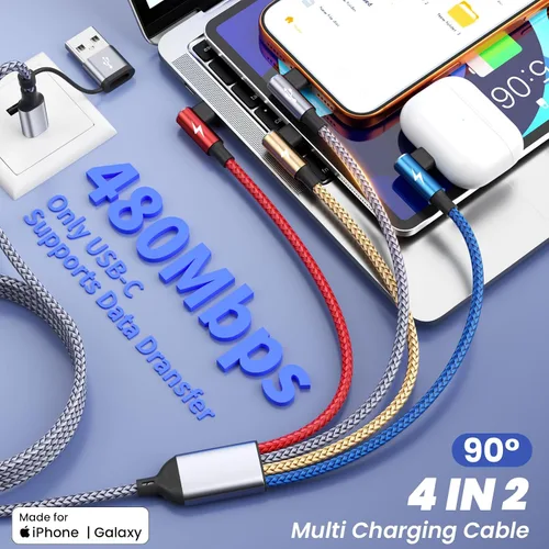 Miniatura 7 de Cable USB A/C a USB C en ángulo recto, cable de carga trenzado tipo C de 90 grados, cable de carga USB C 4 en 2, cable de carga universal
