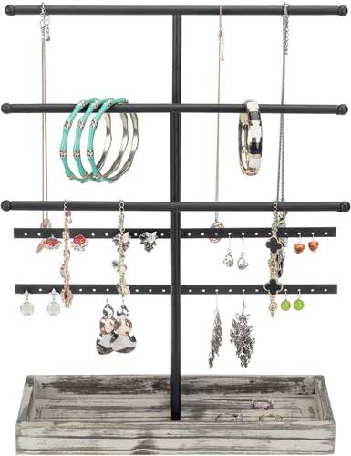 Miniatura 7 de MyGift - Estante organizador de joyería de metal negro de 3 niveles con collar y barras en T perchas para pendientes y bandeja de madera para anillos