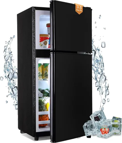 Mini refrigerador con congelador, 3.5 pies cúbicos. Refrigerador pequeño con congelador de 2 puertas con termostato ajustable de 7 niveles estantes