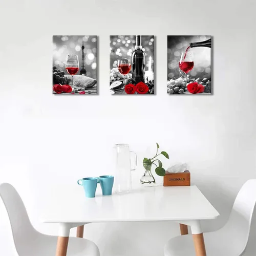 Miniatura 5 de Decoración de vino para cocina, arte en lienzo con rosas de vino tinto, arte para paredes del hogar, blanco y negro, con pintura de vino tinto, arte