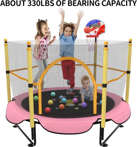 Miniatura 6 de Trampolín de 5 pies para niños pequeños con red de seguridad, mini aro de baloncesto, tapete de salto para equipo de entretenimiento en el hogar