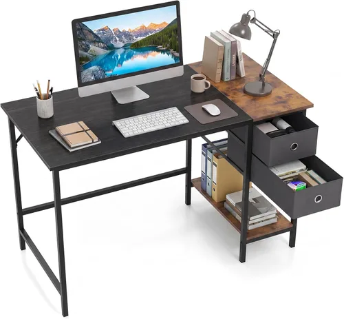 Tangkula 48-Inch Computer Desk with 2 Drawers, Modern Home Office Desk with Hanging Hook & Storage Shelf, Multipurpose Writing Desk for Study Bedroom