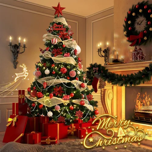 Miniatura 2 de Ktinnead Juego de 94 piezas de decoración para árbol de Navidad, adornos rojos inastillables para colgar en el árbol de Navidad con flores de pascua