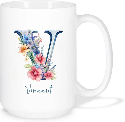 Miniatura 29 de Taza de café personalizada de la letra A del alfabeto, Taza de café blanca con nombre personalizado único, Taza inicial de monograma floral