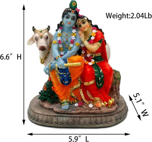 Miniatura 6 de BangBangDa Estatua hindú Murti Radha Krishna – 6.6 pulgadas de alto Polystone Dios indio Radha Krishna ídolo con vaca para cumpleaños, Diwali