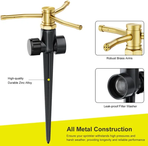 Miniatura 3 de FANHAO Paquete de 2 aspersores de metal para patio con base de pico, rociador de agua de 3 brazos, sistema de rociadores de jardín rotativos