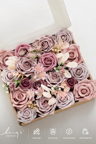 Miniatura 6 de Ling's moment Caja de Flores Falsas, Tallos de Vegetación Artificial Falsa, Rosas de Espuma, Eucalipto de Seda, Flor de Tela para Centros de Mesa