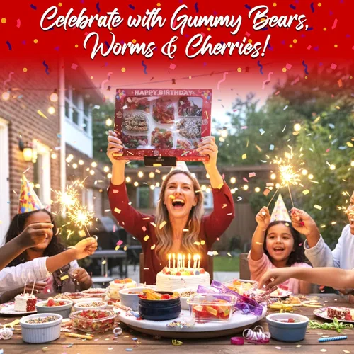 Miniatura 4 de Bandeja de dulces de oso de gomita de feliz cumpleaños, 1.75 libras. - Tabla de caramelos de gomitas con osos de goma, gusanos, cerezas y gomitas