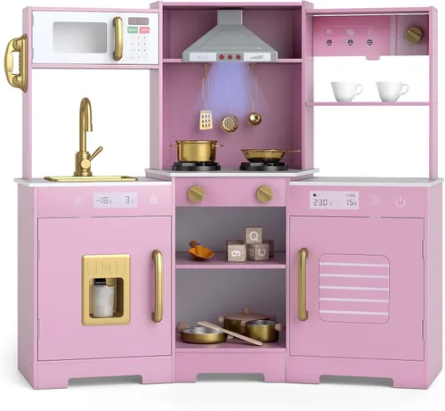 Costzon Juego de cocina esquinera para niños, juego de cocina de juguete de madera con campana extractora de luces y sonidos, máquina de hielo,