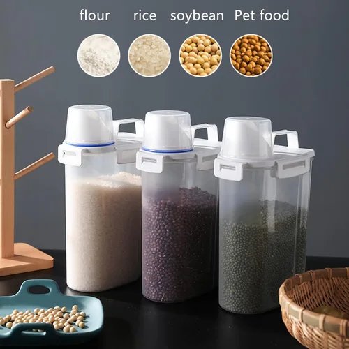 Miniatura 7 de 2 recipientes de almacenamiento de arroz de 5.5 libras, dispensador hermético de harina de cereales con boquilla de vertido y taza medidora