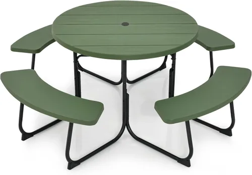Miniatura 9 de Mesa de picnic Tangkula para 8 personas, mesa redonda para exteriores con 4 bancos incorporados, agujero para sombrilla, marco de metal y superficie