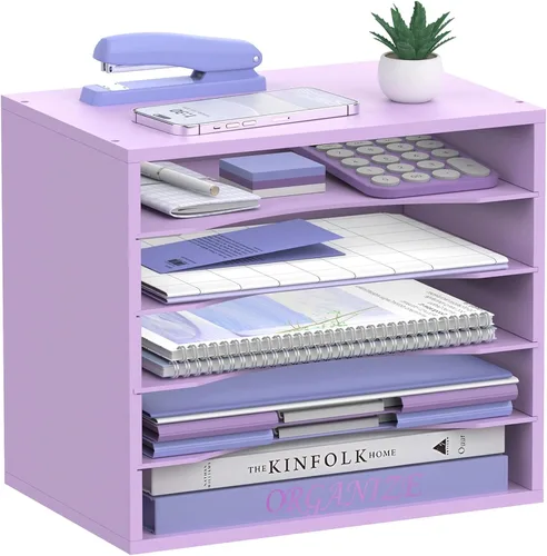 Miniatura 11 de Organizador de escritorio de madera de 5 niveles, organizador de bandeja de papel para escritorio con estantes de almacenamiento ajustables, Blanco