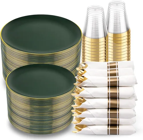 Miniatura 17 de KIRE - 30 platos de plástico azul con borde dorado y cubiertos desechables, vasos azules y servilletas de mano, vajilla de plástico azul Rosa claro