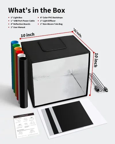 Miniatura 9 de Caja de luz Glendan para fotografía, caja de fotos de 10"x10" con 88 luces LED de alto índice de reproducción cromática, 6 fondos de PVC