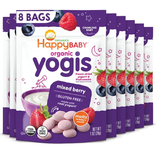 Miniatura 16 de Happy Baby Organics Yogis Snacks liofilizados de yogur y frutas, plátano y mango, bolsa de 1 onza (paquete de 8) el embalaje puede variar