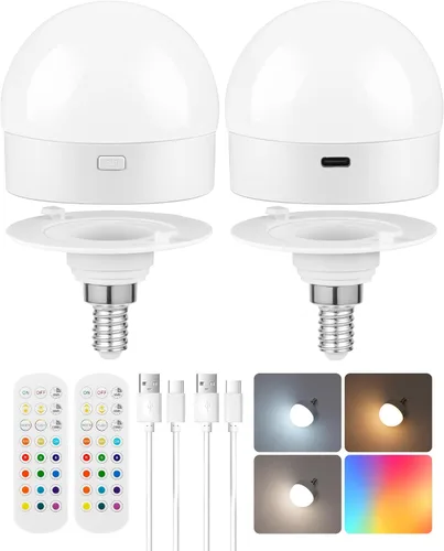 Bombillas Recargables con Control Remoto, Paquete de 2 Bombillas Operadas por Batería E12, 3 Temporizadores 15 Colores Seleccionables, Bombilla LED