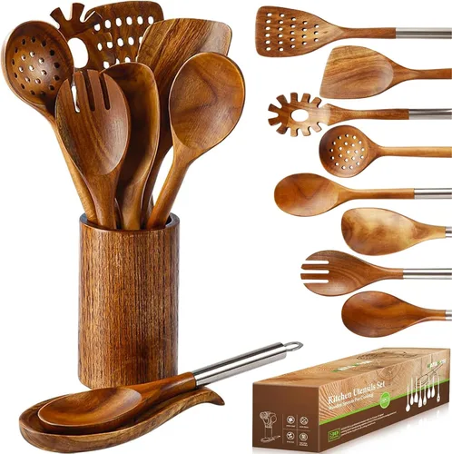 Cucharas de madera para cocinar, 10 piezas con mango inoxidable, juego de utensilios de madera de acacia natural con soporte y soporte para cuchara,
