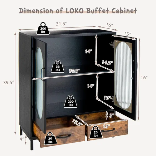 Miniatura 3 de LOKO Armario buffet con almacenamiento, armario de cocina con puertas y cajones de vidrio templado, armario de almacenamiento de credenza