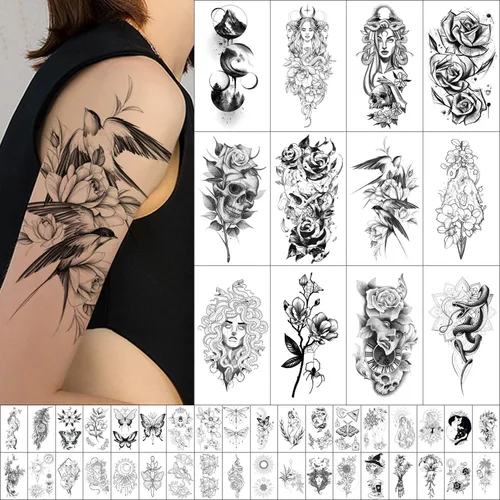 Miniatura 11 de GLARYYEARS Tatuaje temporal para hombres adultos, paquete de 44 tatuajes realistas de tamaño grande y pequeño, calcomanías de tatuaje falso de larga