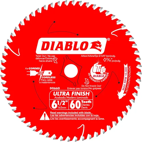 Diablo Hoja de sierra de acabado ultra para madera - 16,5 cm x 60 dientes, carburo TiCo - D0660A