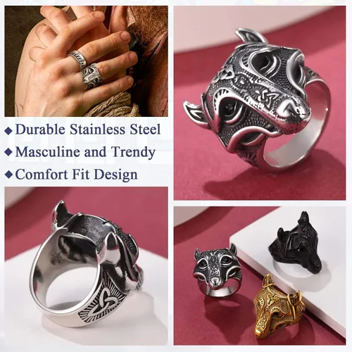 Miniatura 2 de FaithHeart Norse Viking Jewelry - Anillo de acero inoxidable de guerrero para hombre con diseño vikingo de cabeza de lobomartillo de Thor
