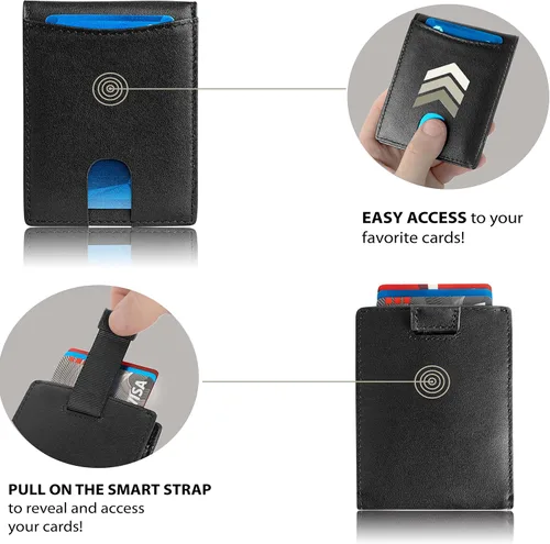 Miniatura 4 de Billeteras de piel de vaca genuina con bloqueo RFID y bolsillo frontal minimalista para hombres con clip para dinero Negro Cartera delgada Rfid