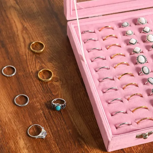Miniatura 5 de Frebeauty Bandeja organizadora de anillos con 100 ranuras para anillos con tapa transparente, caja de almacenamiento de anillos de terciopelo
