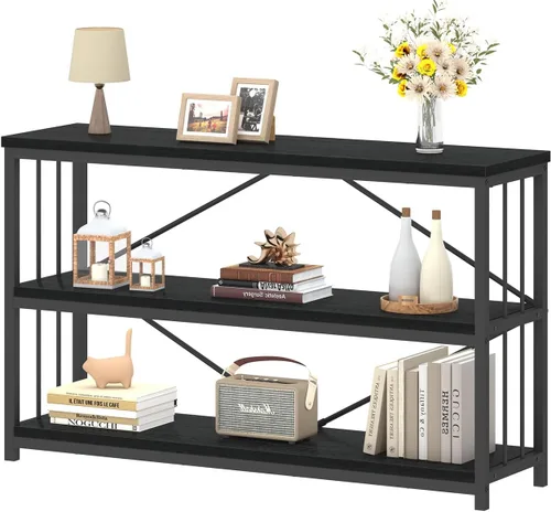 Miniatura 20 de IBF - Librero bajo rústico de 3 niveles, estantería industrial horizontal de madera, estantería larga y ancha de estilo granja de metal, estantería