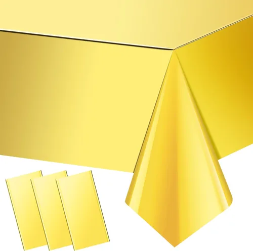 Paquete de 3 manteles de plástico dorados, fundas rectangulares desechables, manteles de aluminio metálico holográfico, suministros de fiesta